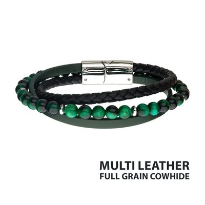 photo number one of Men's Stainless Steel Green Tiger Eye Beads with Black Braided and Green Full Grain Cowhide Leather Layered Bracelet with Slide Magnetic Clasp, 8