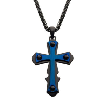 photo number one of Blue IP with Black Cross Pendant, with 24 inch long Black IP Wheat Chain. Pendant: 30mm (W) x 44.8mm (H) x 3.4mm (THK) item 001-325-00169
