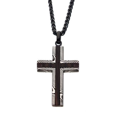 photo number one of Black IP Stainless Steel Damascus cross with Ebony Wood Inlay. Comes with 24 inch long Black Round Wheat Chain. Pendant: 30.22mm (W) x 49.47mm (H) x 4.97mm (THK) item 001-325-00174