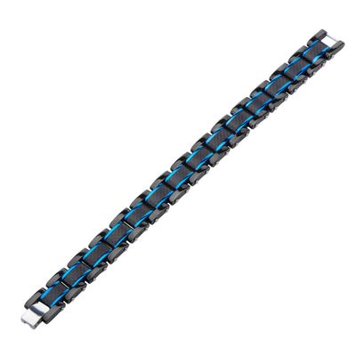 photo number one of Stainless Steel Black IP, Blue IP and Solid Carbon Fiber Center Link with Fold Over Clasp Bracelet, 8.25 