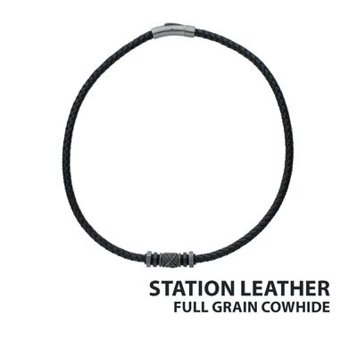 photo number one of Black Full Grain Cowhide Leather Braided Necklace with Gun Metal Beads with Tubular Press Clasp item 001-325-00194