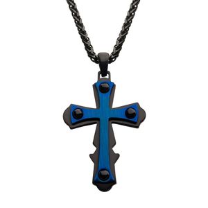 photo of Blue IP with Black Cross Pendant, with 24 inch long Black IP Wheat Chain. Pendant: 30mm (W) x 44.8mm (H) x 3.4mm (THK) item 001-325-00169