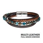 photo of Men's Stainless Steel Chrysocolla Beads with Brown Full Grain Cowhide Leather Layered Bracelet with Slide Magnetic Clasp, 8