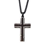 photo of Black IP Stainless Steel Damascus cross with Ebony Wood Inlay. Comes with 24 inch long Black Round Wheat Chain. Pendant: 30.22mm (W) x 49.47mm (H) x 4.97mm (THK) item 001-325-00174