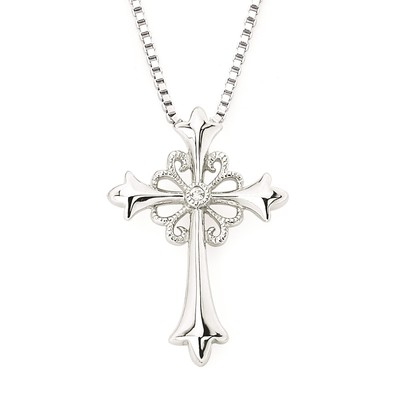 photo number one of Sterling Silver cross pendant with chain and diamond accent item 001-109-00316