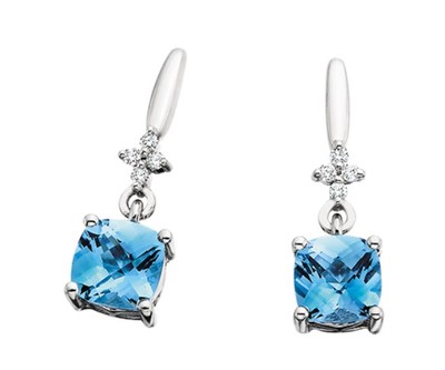 photo number one of 10 karat white gold checkerboard cut blue topaz and diamond accented dangle earrings item 001-215-01011