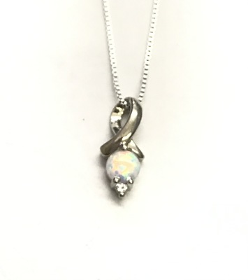 photo number one of Sterling silver simulated opal October birthstone pendant with created white sapphire accent on an 18'' chain item 001-230-01191