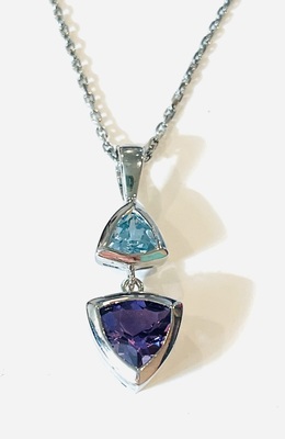 photo number one of 20'' sterling silver chain with trillion amethyst and blue topaz pendant item 001-230-01332