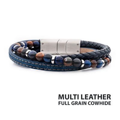 photo number one of Men's Blue Full Grain Cowhide Leather & Blue Denim with Lapis Lazuli & Tiger's Eye Stone Bead Multi-Strand Bracelet with Matte Finish Steel Slide Magnetic Clasp, 8