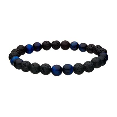 photo number one of Men's 8mm Black Lava and Blue Tiger Eye Stone Beads Bracelet, 8