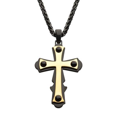 photo number one of 18Kt Gold IP with Black Cross Pendant, with 24 inch long Black IP Wheat Chain. Pendant: 30mm (W) x 44.8mm (H) x 3.4mm (THK) item 001-325-00168