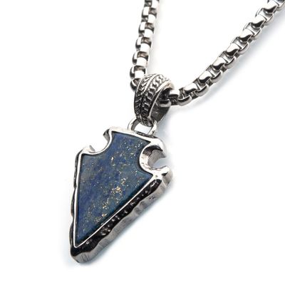 photo number one of Lapis Lazuli Stone with Polished Steel Frame Pendant with 24 inch long Polished Steel Box Chain. Pendant: 20mm (W) x 37mm (H) x 4mm (D) item 001-325-00170