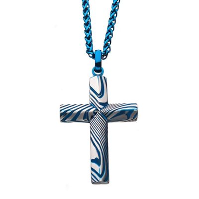 photo number one of Blue IP Damascus Cross Pendant with Blue Round Wheat Chain. 24 inch long. Pendant: 31.85mm (W) x 49.84mm (H) x 4.4mm (THK) item 001-325-00175