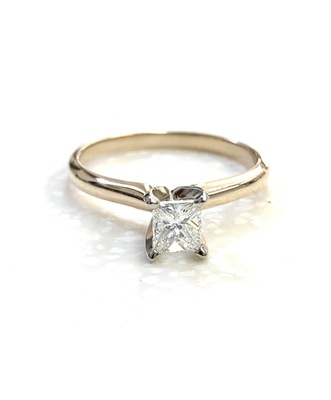 photo number one of 14 karat yellow gold 4 prong solitaire ring with princess cut natural diamond 0.46 carat with SI clarity H/I color item 001-421-00019
