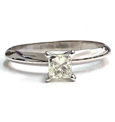 photo number one of 14 karat white gold solitaire ring with 0.47 carat princess cut natural diamond with I1 clarity and J/K color item 001-421-00025