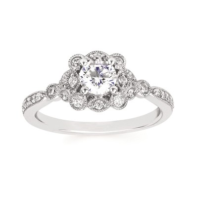 photo number one of Halo Bridal 1/4 carat total weight Diamond Halo Semi Mount available for 1/2 carat Round Center Diamond in 14 karat white gold. Center stone sold separately item 001-500-00020
