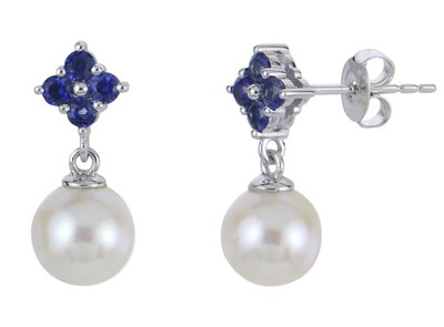 photo number one of 14 karat white gold 6.5mm-7mm freshwater cultured pearl and blue sapphire earrings item 001-615-00625