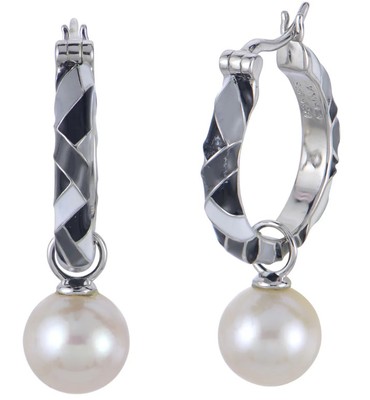 photo number one of Sterling silver freshwater pearl and enamel hoop earrings item 001-615-00626