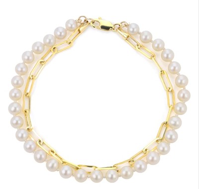 photo number one of 14 karat yellow gold paperclip and freshwater pearl 8'' double strand bracelet item 001-620-00341