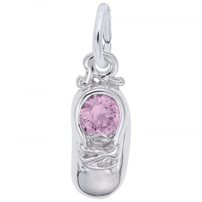 photo number one of Sterling Silver October baby shoe charm with imitation pink stone item 001-710-03341