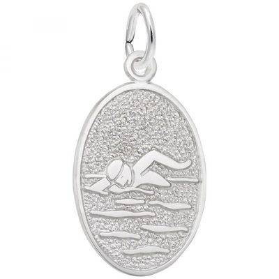 photo number one of Sterling silver oval disc swimmer charm, engravable item 001-710-03707