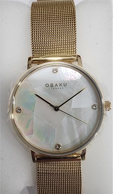 photo number one of Ladies yellow Obaku watch with round mother of pearl dial and Swarovski crystal accents item 001-820-00380