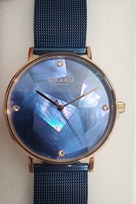 photo number one of Ladies mid size blue mesh band and blue dial Obaku watch item 001-820-00385