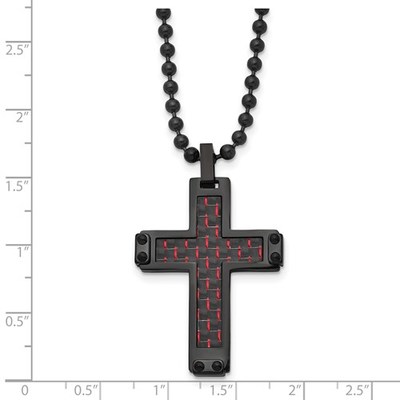 photo number one of Stainless steel black IP black and red carbon fiber cross necklace with 22'' chain item 001-901-00056