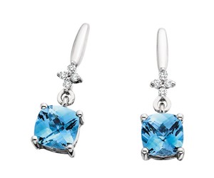 photo of 10 karat white gold checkerboard cut blue topaz and diamond accented dangle earrings item 001-215-01011