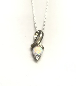 photo of Sterling silver simulated opal October birthstone pendant with created white sapphire accent on an 18'' chain item 001-230-01191
