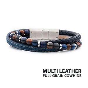 photo of Men's Blue Full Grain Cowhide Leather & Blue Denim with Lapis Lazuli & Tiger's Eye Stone Bead Multi-Strand Bracelet with Matte Finish Steel Slide Magnetic Clasp, 8
