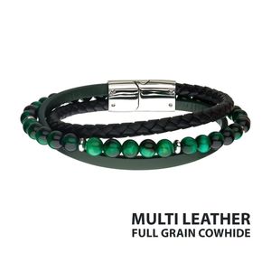 photo of Men's Stainless Steel Green Tiger Eye Beads with Black Braided and Green Full Grain Cowhide Leather Layered Bracelet with Slide Magnetic Clasp, 8