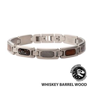 photo of Stainless Steel Matte Finish Link Bracelet with Meteorite, Whiskey Barrel Wood & Black Dinosaur Bone Inlay item 001-325-00192