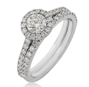 photo of 14 karat white gold wedding set with 1/2 carat center diamond halo engagement ring and matching band. 1.12 carat total diamond weight item 001-422-00008