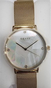 photo of Ladies yellow Obaku watch with round mother of pearl dial and Swarovski crystal accents item 001-820-00380