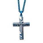 photo of Blue IP Damascus Cross Pendant with Blue Round Wheat Chain. 24 inch long. Pendant: 31.85mm (W) x 49.84mm (H) x 4.4mm (THK) item 001-325-00175