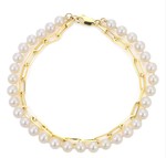photo of 14 karat yellow gold paperclip and freshwater pearl 8'' double strand bracelet item 001-620-00341